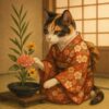 着物姿の三毛猫が、真剣なまなざしで生け花を丁寧に整える様子を描いた和風の落ち着いたイラストです A calico cat in a traditional kimono carefully arranging ikebana flowers with a focused and thoughtful expression.
