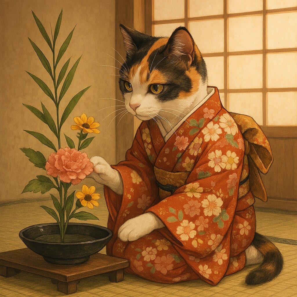 着物姿の三毛猫が、真剣なまなざしで生け花を丁寧に整える様子を描いた和風の落ち着いたイラストです A calico cat in a traditional kimono carefully arranging ikebana flowers with a focused and thoughtful expression.