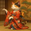 日本舞踊の衣装をまとった三毛猫が、背筋を伸ばし優雅な所作で舞を披露する様子を描いた上品なイラストです A calico cat dressed in traditional Nihon Buyo attire performing a graceful dance with elegant posture.