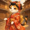 舞妓風の華やかな着物をまとった三毛猫が、古い街並みを優雅に歩く姿を描いた情緒的なイラストです A calico cat dressed in a maiko-style kimono gracefully walking through a traditional Japanese street.