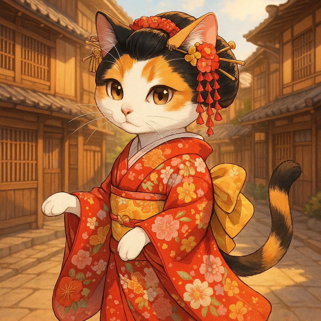 舞妓風の華やかな着物をまとった三毛猫が、古い街並みを優雅に歩く姿を描いた情緒的なイラストです A calico cat dressed in a maiko-style kimono gracefully walking through a traditional Japanese street.