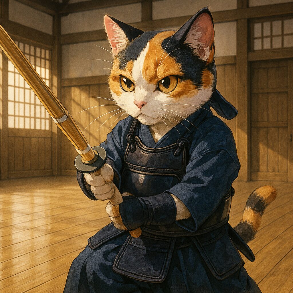 道場で防具を身につけた三毛猫が、真剣な眼差しで竹刀を構え剣道の稽古に励む様子を描いた力強いイラストです A calico cat wearing kendo armor and gripping a shinai with focus, practicing diligently inside a traditional Japanese dojo.