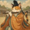 ChatGPT:雅楽の装束をまとった三毛猫が、古風な宮廷の風景を背景に優雅に笛を奏でる様子を描いた伝統的なイラストです A calico cat dressed in elegant gagaku court attire playing a flute gracefully against the backdrop of an ancient palace setting.