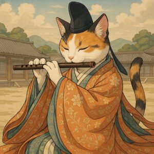 ChatGPT:雅楽の装束をまとった三毛猫が、古風な宮廷の風景を背景に優雅に笛を奏でる様子を描いた伝統的なイラストです A calico cat dressed in elegant gagaku court attire playing a flute gracefully against the backdrop of an ancient palace setting.