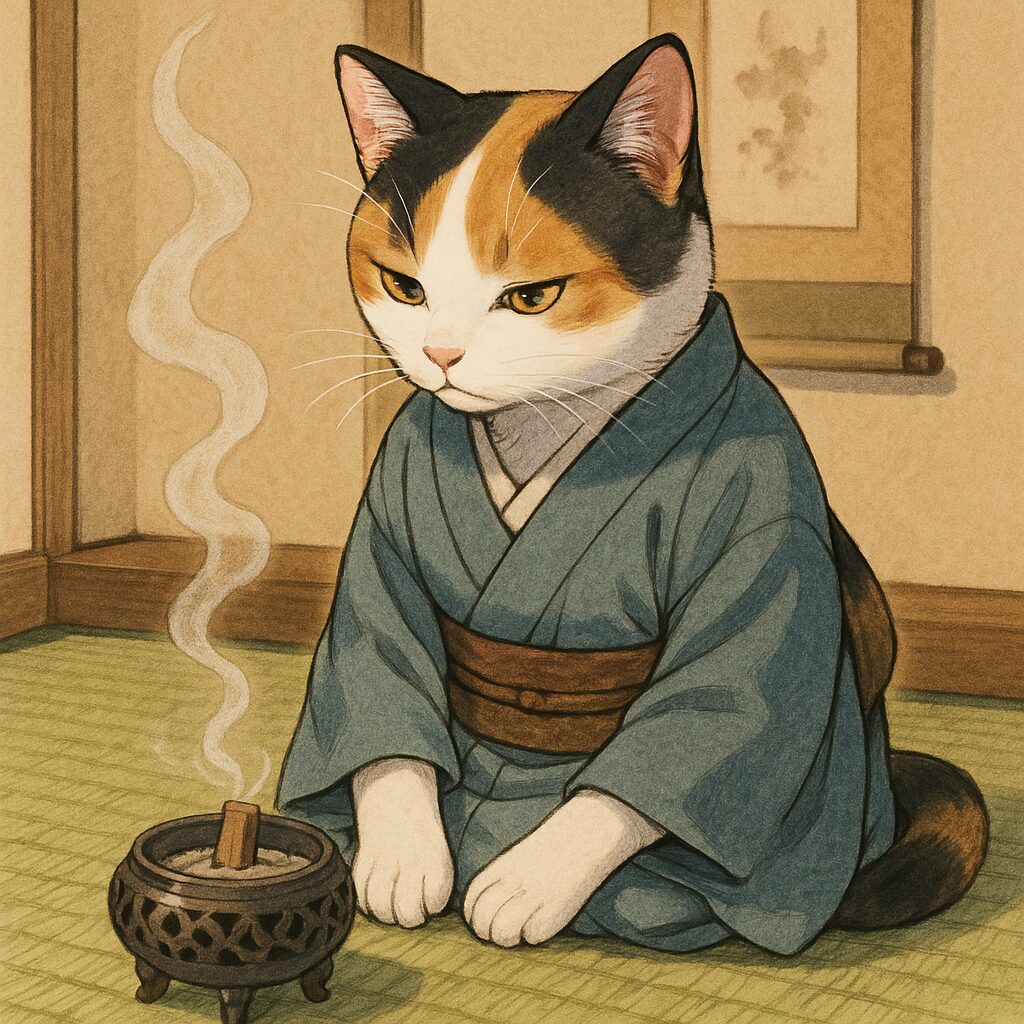 香道の作法に従い、三毛猫が静かに香木を焚いて香りを楽しむ様子を描いた落ち着いた和風イラストです A calico cat performing the traditional kōdō ceremony, gently heating fragrant wood and appreciating its aroma in a serene setting.