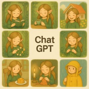 森のエルフの女の子が本を読んだりお茶を飲んだり、花冠作りや雨の日の散歩など日常を楽しむ8コマイラスト
An 8-panel illustration of a forest elf girl enjoying daily life, reading, drinking tea, making a flower crown, and walking in the rain