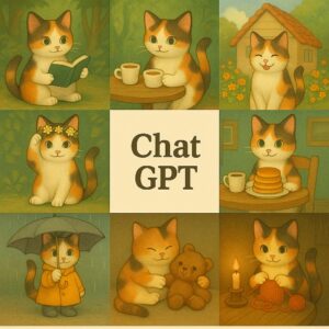 「本を読む三毛猫、コーヒーを楽しむ三毛猫、家の前で座る三毛猫、花冠をかぶった三毛猫、パンケーキと一緒の三毛猫、雨の中で傘をさす三毛猫、クマのぬいぐるみと寄り添う三毛猫、ろうそくの灯りに照らされる三毛猫を集めた9コマ風イラスト」  "A 9-panel illustration featuring a calico cat reading a book, drinking coffee, sitting in front of a house, wearing a flower crown, with pancakes, holding an umbrella in the rain, cuddling a teddy bear, and lit by candlelight"