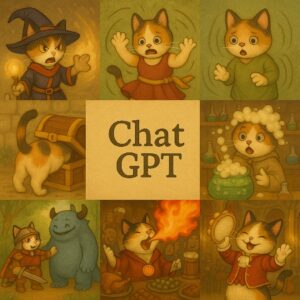 可愛らしい三毛猫たちが魔法や冒険、実験などさまざまな場面で活躍する9コマ風イラストと中央に配置されたChatGPTのタイトル画像 / 9-panel style illustration of adorable calico cats in various scenes such as magic, adventure, and experiments with the title "ChatGPT" in the center