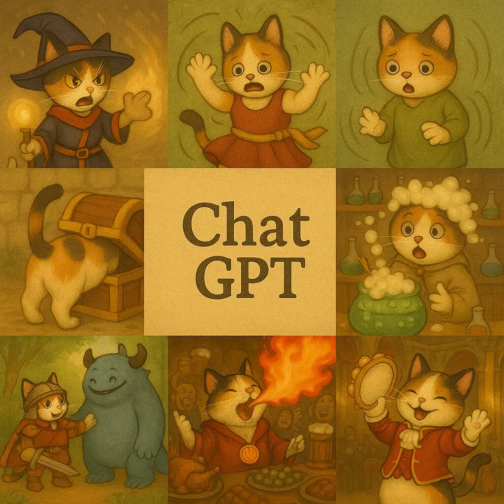 ChatGPT: 可愛らしい三毛猫たちが魔法や冒険、実験などさまざまな場面で活躍する9コマ風イラストと中央に配置されたChatGPTのタイトル画像 / 9-panel style illustration of adorable calico cats in various scenes such as magic, adventure, and experiments with the title "ChatGPT" in the center