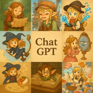 可愛らしいエルフたちがさまざまな場面で活躍する9コマ風イラストと中央に配置されたChatGPTのタイトル画像 / 9-panel style illustration of cute elves in various scenes with the title "ChatGPT" in the center