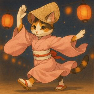 淡い桃色の踊り装束に鳥追い笠をかぶった三毛猫が、提灯に照らされた夜祭で阿波踊りを舞う姿を描いた情緒的なイラストです
A calico cat wearing a light pink Awa Odori costume and a tori-oi kasa, dancing gracefully under festival lanterns at night.
