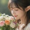 花束の香りを目を閉じて嗅ぐエルフの女性。アニメ風イラスト