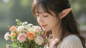 花束の香りを目を閉じて嗅ぐエルフの女性。アニメ風イラスト