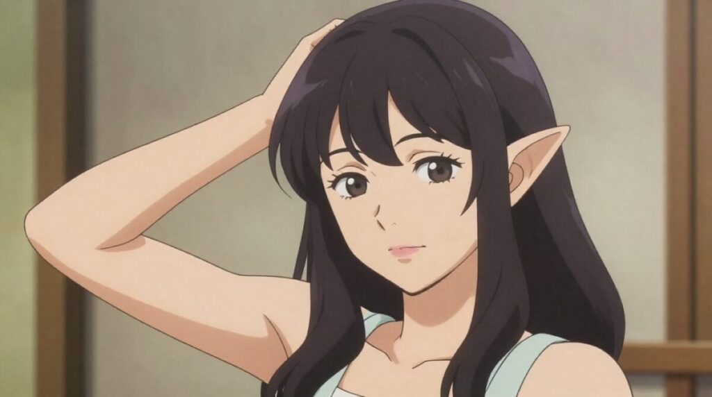 片手で髪をかきあげるエルフの女性。アニメ風イラスト