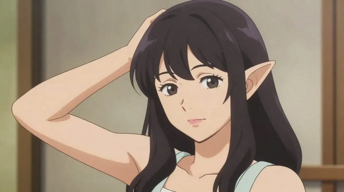 片手で髪をかきあげるエルフの女性。アニメ風イラスト