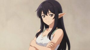 胸の前で腕を組むエルフの女性。アニメ風イラスト