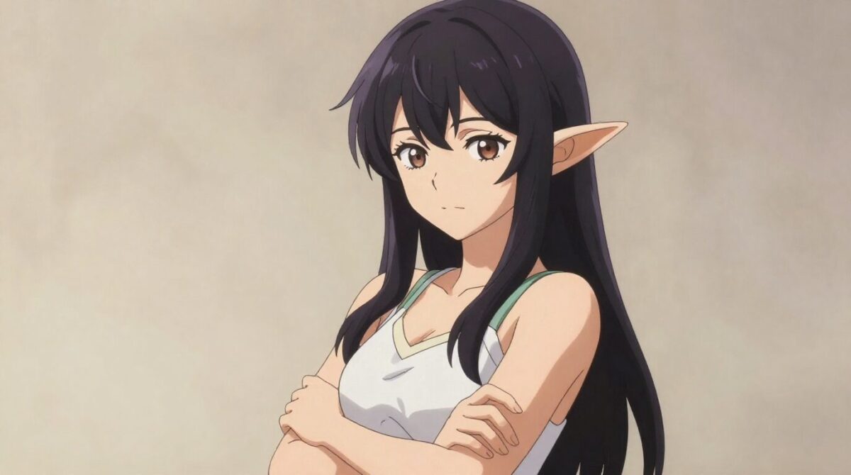 胸の前で腕を組むエルフの女性。アニメ風イラスト