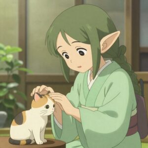 エルフが三毛猫の頭を撫でるイラスト