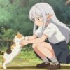 エルフの女性が三毛猫を両手で持ち上げる瞬間のアニメイラスト