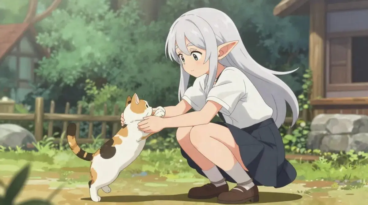 エルフの女性が三毛猫を両手で持ち上げる瞬間のアニメイラスト