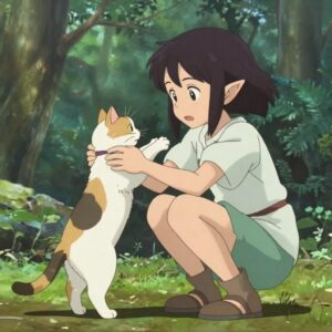 三毛猫を持ち上げるエルフの女性のアニメイラスト