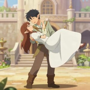 エルフの男性がエルフの女性をお姫様抱っこで抱き上げるアニメイラスト