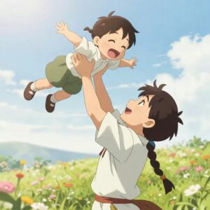 エルフが子どもを高い高いで持ち上げるアニメイラスト