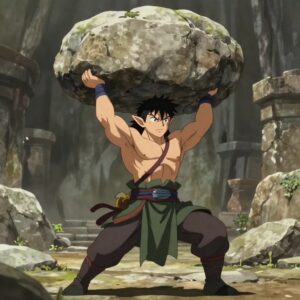 エルフの戦士が大きな石を持ち上げるアニメイラスト