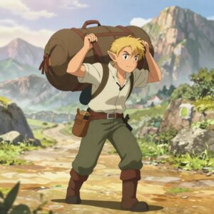 エルフの冒険者が大きな荷物を肩に担ぎ上げるアニメイラスト