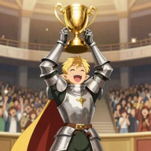エルフの騎士がトロフィーを頭上に掲げるアニメイラスト