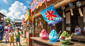 「氷」の旗と風鈴が揺れるかき氷屋の店先で、子どもたちがかき氷を靣しみ、縁側で浴衣の女の子がかき氷を食べる夏の風景(Gemini(Nano Banana)で生成)