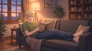 夕方の部屋のソファで、肘掛け側にもたれて両脚を座面の上にまっすぐ伸ばし、本を読むエルフの男性（Gemini（Nano Banana）で生成）