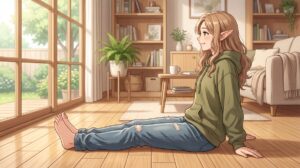 明るい木の床のリビングで、両脚をそろえてまっすぐ前に伸ばして床に座り、両手を後ろについてくつろぐエルフの女性（Gemini（Nano Banana）で生成）