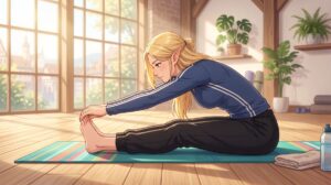 明るいスタジオのヨガマットの上で、両脚をそろえてまっすぐ伸ばし、前屈して手をつま先に伸ばすエルフの女性（Gemini（Nano Banana）で生成）