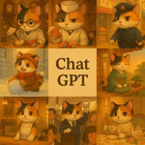 可愛らしい三毛猫たちが寿司職人や警官、雪遊びや茶道など多彩な姿を見せる9コマ風イラストと中央に配置されたChatGPTのタイトル画像 / 9-panel style illustration of adorable calico cats as sushi chefs, policemen, playing in the snow, practicing tea ceremony, and more with the title "ChatGPT" in the center
