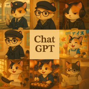 可愛らしい三毛猫たちが駅員や料理人、屋台などさまざまな役割を演じる9コマ風イラストと中央に配置されたChatGPTのタイトル画像 / 9-panel style illustration of adorable calico cats acting as station staff, cooks, street vendors, and more with the title "ChatGPT" in the center
