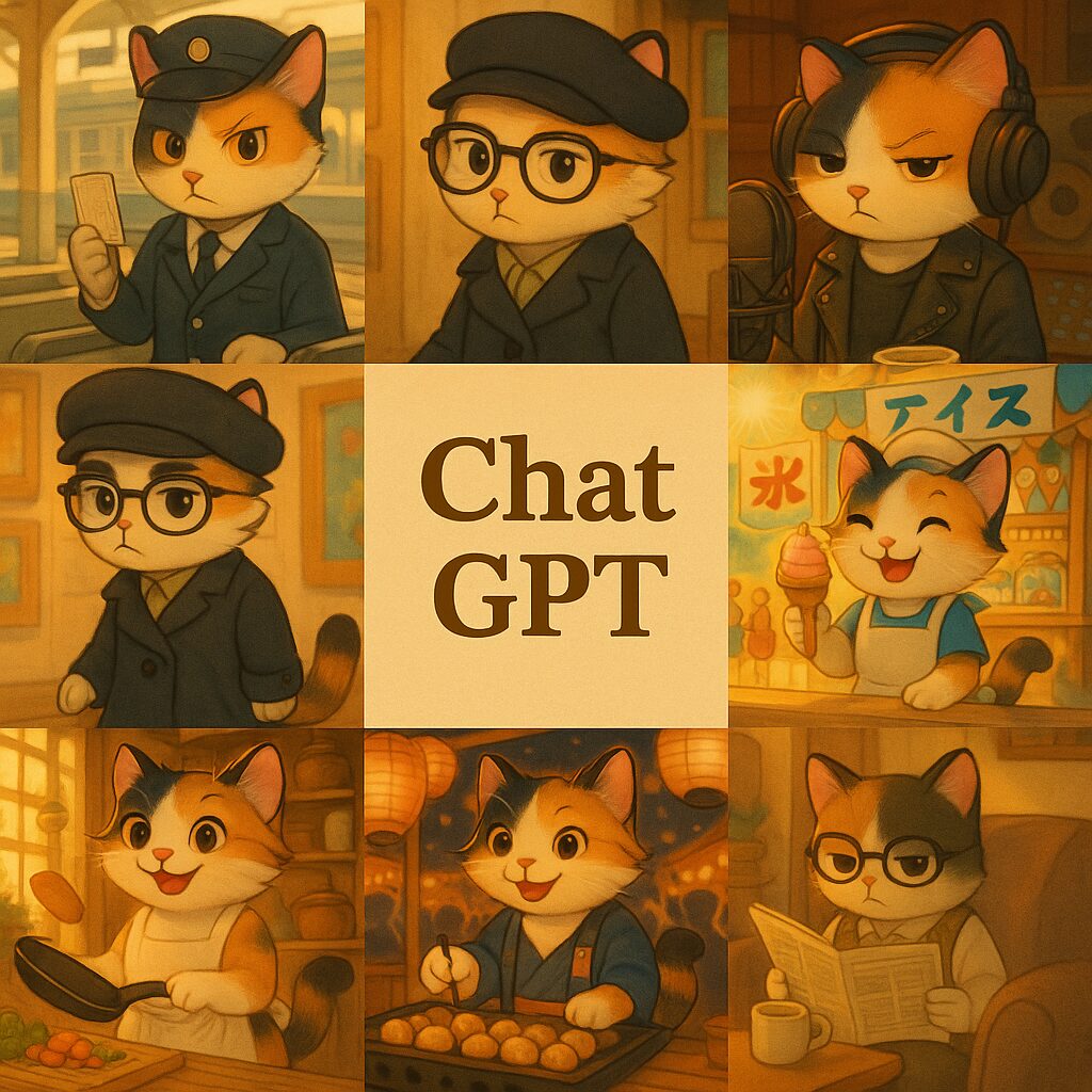 可愛らしい三毛猫たちが駅員や料理人、屋台などさまざまな役割を演じる9コマ風イラストと中央に配置されたChatGPTのタイトル画像 / 9-panel style illustration of adorable calico cats acting as station staff, cooks, street vendors, and more with the title "ChatGPT" in the center