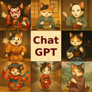 三毛猫たちが歌舞伎、茶道、能、三味線、踊り、街歩き、笛など日本文化の衣装と所作で表現された9コマ構成のイラストです / A nine-panel illustration of calico cats dressed in traditional Japanese attire, performing Kabuki, tea ceremony, Noh, shamisen, dance, street walking, and flute playing.