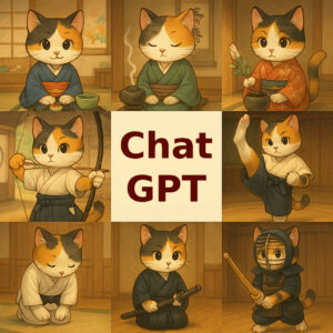 日本の伝統文化をテーマに、三毛猫が茶道・香道・弓道・武道などさまざまな所作を披露する9コマ構成のイラストです
A nine-panel illustration of a calico cat performing various Japanese cultural arts, including tea ceremony, incense ceremony, archery, and martial arts.