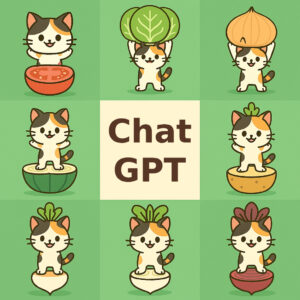 さまざまな野菜や果物の中から顔を出す可愛い三毛猫のイラストが並び、中央に「Chat GPT」の文字が配置されたポップで親しみやすいデザイン / Cute calico cat illustrations popping out from various fruits and vegetables, arranged in a grid around the centered text “Chat GPT,” creating a colorful and friendly pop-style design
