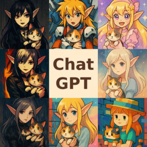中央の「ChatGPT」という文字を囲むように、エルフの少女が三毛猫を抱いている8つのイラストを並べたコラージュ画像。ゴシック風の黒い衣装、サイバーパンク風のアーマー、ゆめかわいいパステルカラー、油彩画風、ドット絵風など、さらに多彩でエッジの効いた描画スタイルで同じキャラクターたちが描かれています。 / A collage featuring eight illustrations of an elf girl holding a calico cat, surrounding the text "ChatGPT" in the center. The characters are depicted in an even wider array of artistic styles, including Gothic black outfits, cyberpunk armor, "Yume-kawaii" pastel colors, oil painting, and pixel art.
