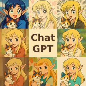 中央の「ChatGPT」という文字を囲むように、エルフの少女が三毛猫を抱いている8つのイラストを並べたコラージュ画像。レトロなアニメ風、水彩画風、太い主線のコミック風など、異なる描画スタイルで同じキャラクターたちが描かれています。 / A collage featuring eight illustrations of an elf girl holding a calico cat, surrounding the text "ChatGPT" in the center. The same characters are depicted in various drawing styles, including retro anime, watercolor, and bold-lined comic styles.