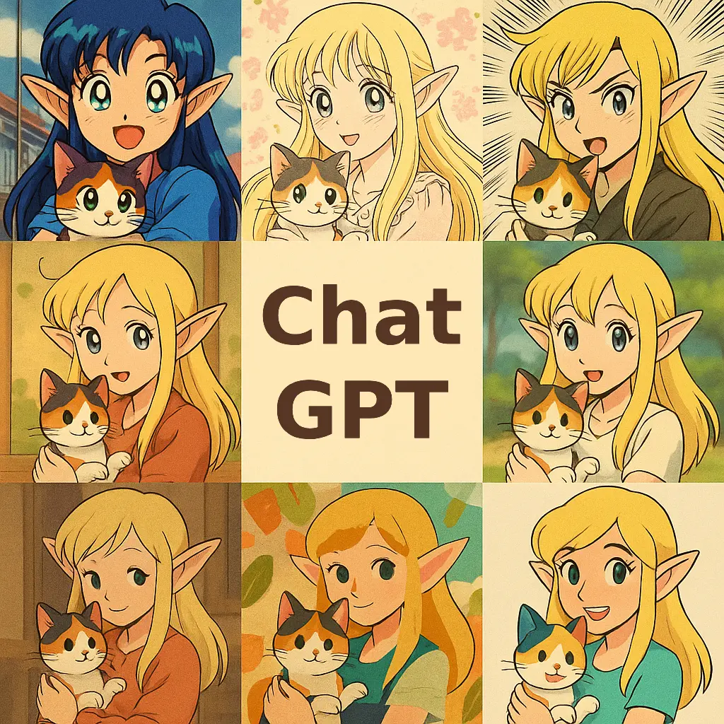 中央の「ChatGPT」という文字を囲むように、エルフの少女が三毛猫を抱いている8つのイラストを並べたコラージュ画像。レトロなアニメ風、水彩画風、太い主線のコミック風など、異なる描画スタイルで同じキャラクターたちが描かれています。 / A collage featuring eight illustrations of an elf girl holding a calico cat, surrounding the text "ChatGPT" in the center. The same characters are depicted in various drawing styles, including retro anime, watercolor, and bold-lined comic styles.